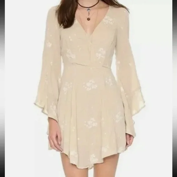 Free People Tan & Cream Almond Combo Jasmine Embroidered Boho Mini Dress 8 - Picture 2 of 11